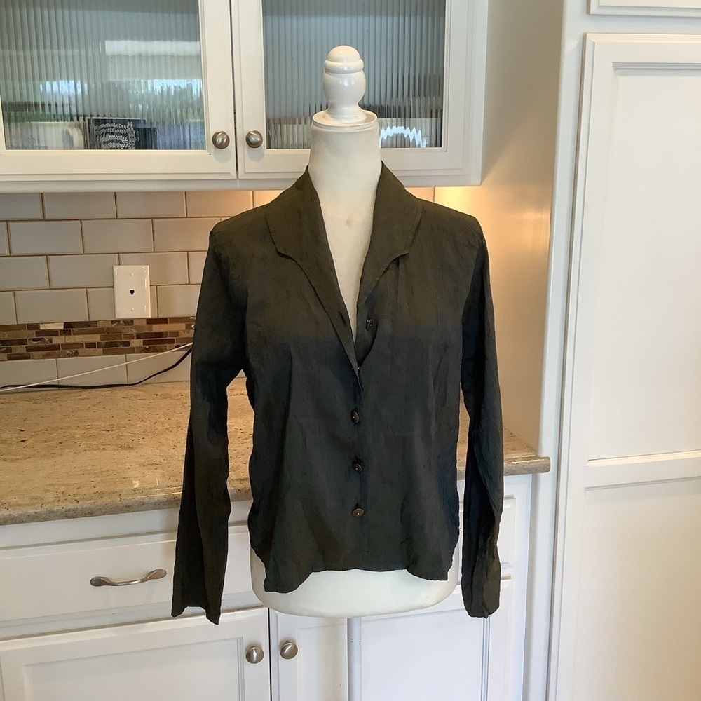 FLAX Womens Button Down Shirt Blouse Small S 100% Silk Green Long Sleeve